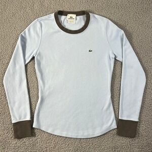 Lacoste Long Sleeve Ringer Tee Women US Size M (EU/6) Light Blue Cotton VTG NWT
